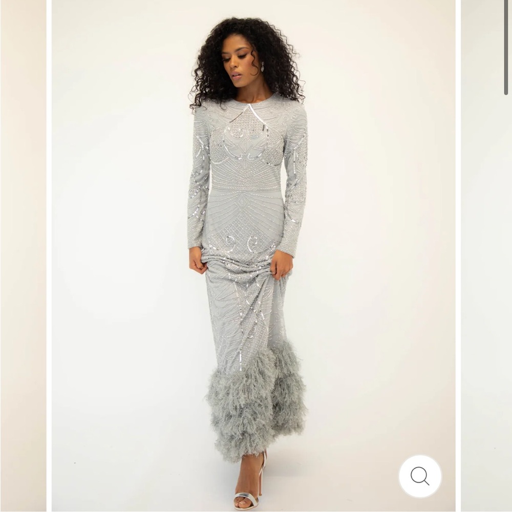 SILVER EMBELLISHED FUR DRESS WITH LONG SLEEVES